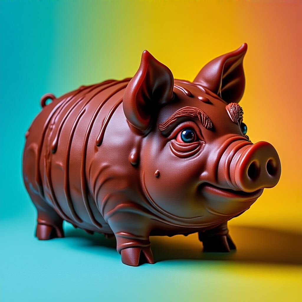 Hyperrealistic Pig-Shaped Chocolate Cake in Vibrant Colors