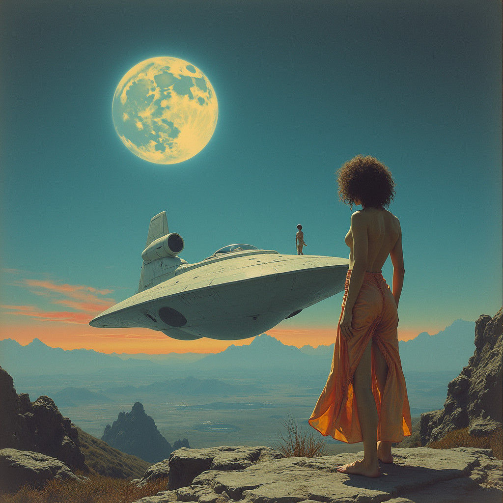 Clamshell Spaceship on Lunar Landscape in Retro-Futuristic S...