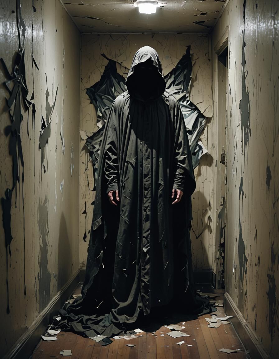 Glitch Art Apparition in Dark Hallway