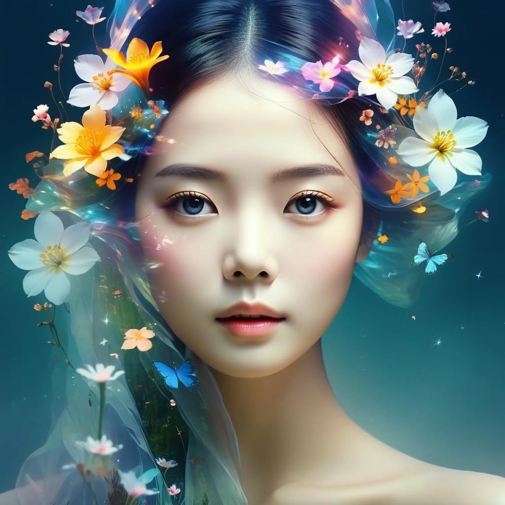 Double Exposure: Face in a Stream of Fairy Flowers