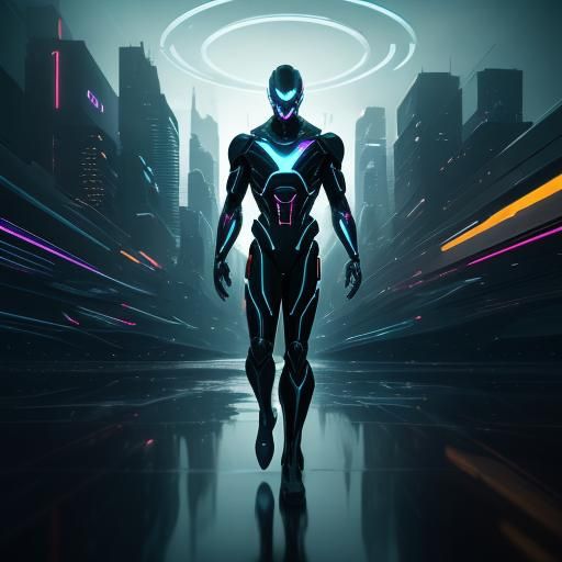 Futuristic Humanoid in Neon Cityscape: Synthetic Surrealism