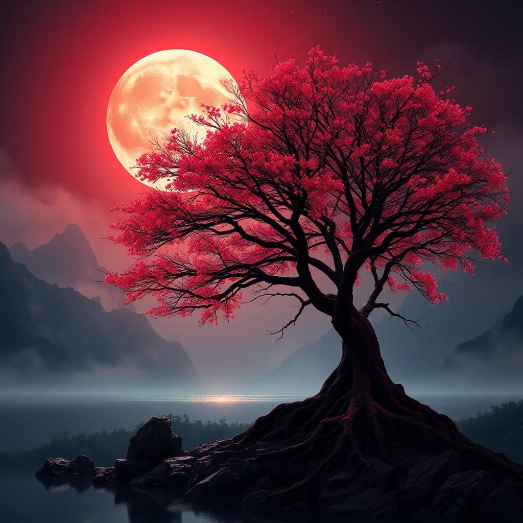 Enchanted Landscape under Red Moonlight