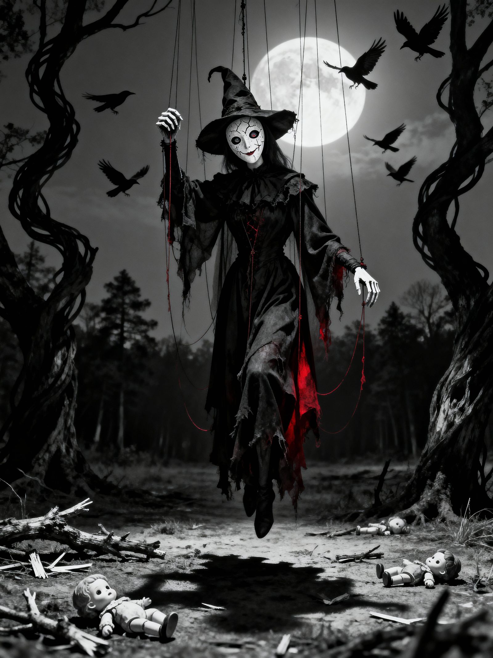 Marionette Witch in Moonlit Forest Clearing