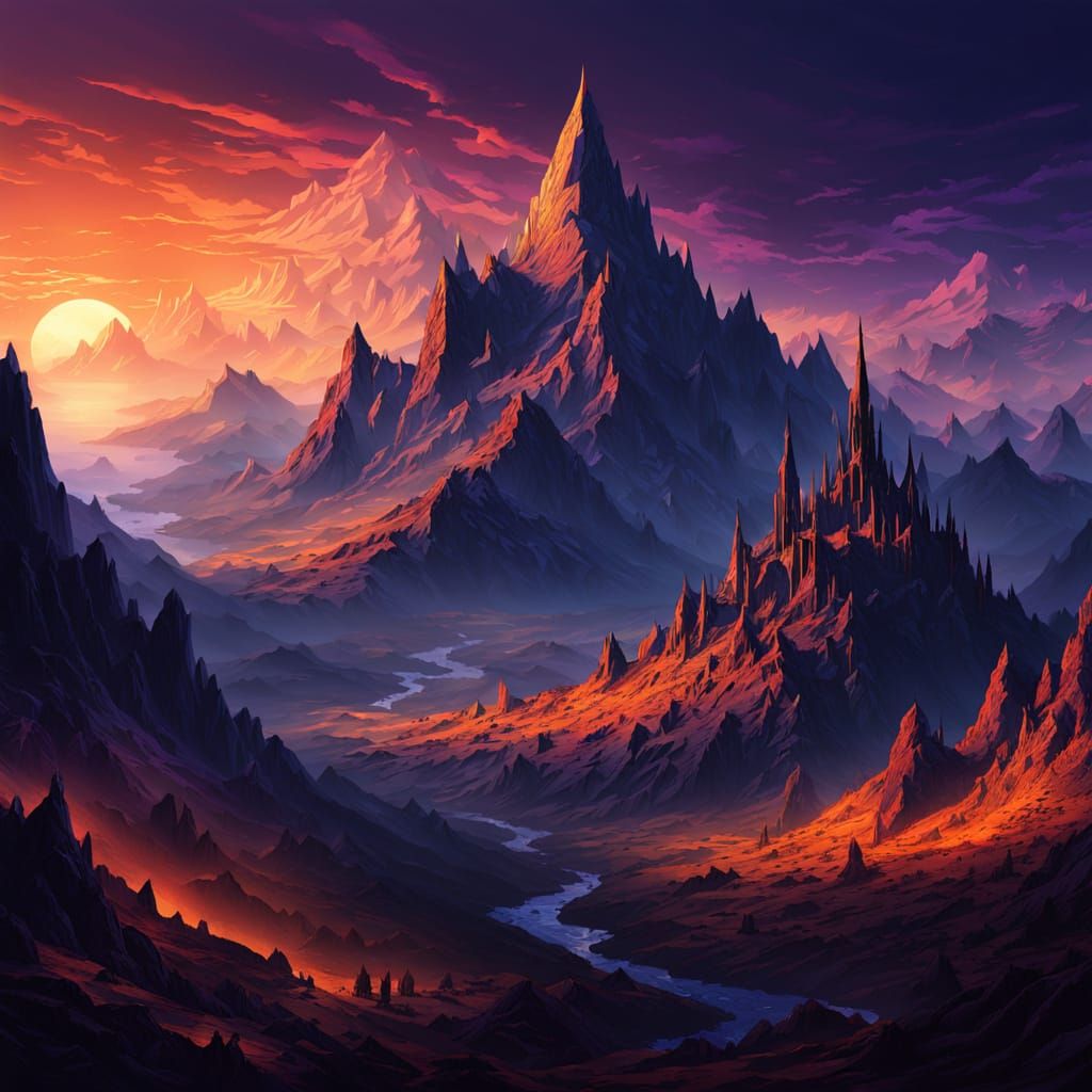 Dramatic Dark Fantasy Mountain Range at Sunset