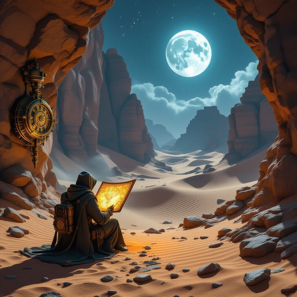 Traveler Consults Glowing Map in Desert Oasis Under Twin Moo...
