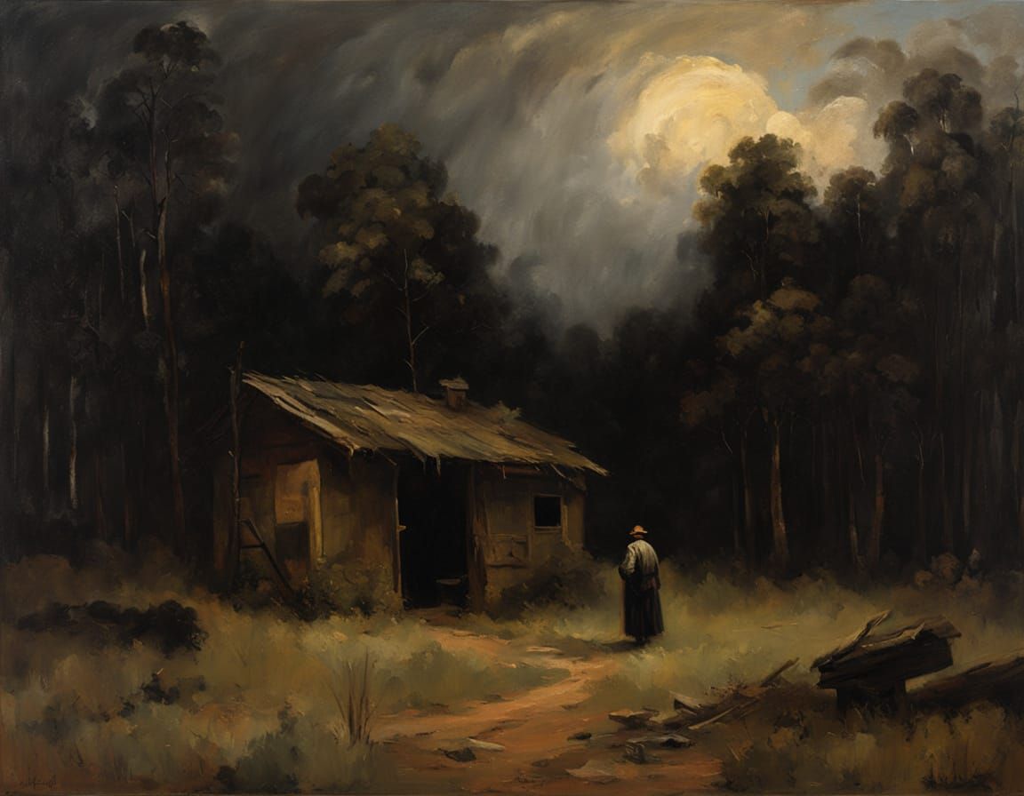 Melancholic Forest Scene in Oil Painting Style