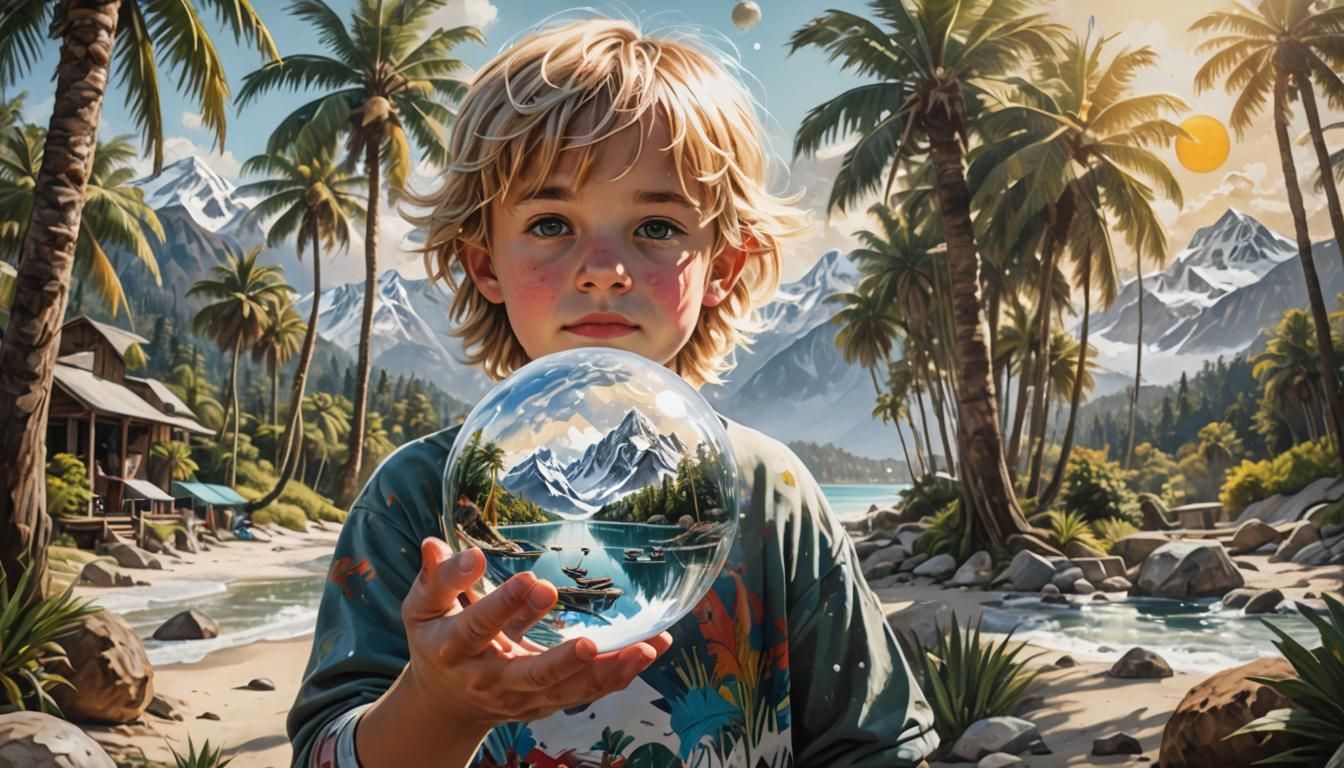 Boy Holding Earth in Glass Orb as Graffiti Art