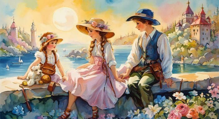 Children Catching a Fish, Watercolor Shabby Chic Style