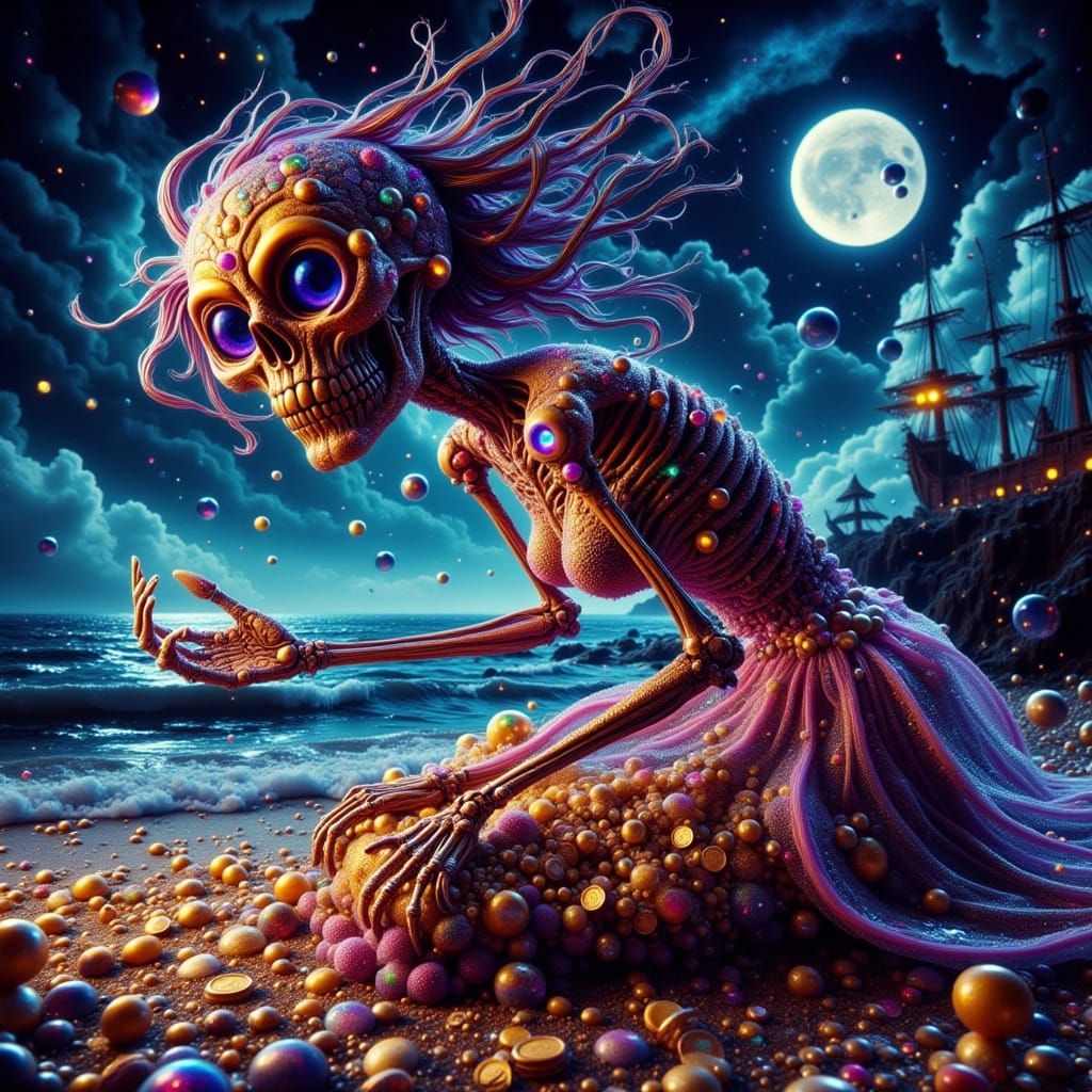 Gilded Skeleton on Moonlit Beach in Hypermaximalist Style