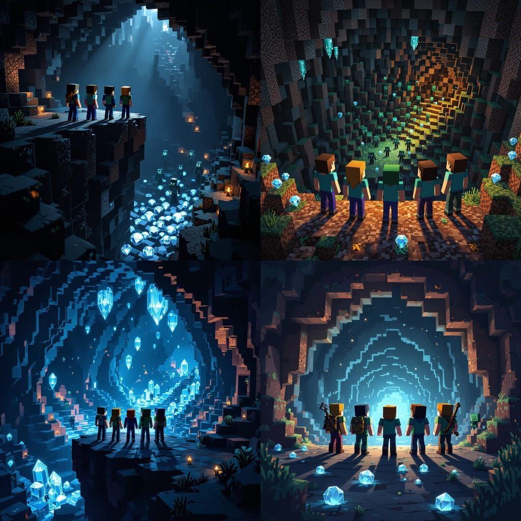 Minecraft Characters On Cliff Edge Overlooking Dark Cave