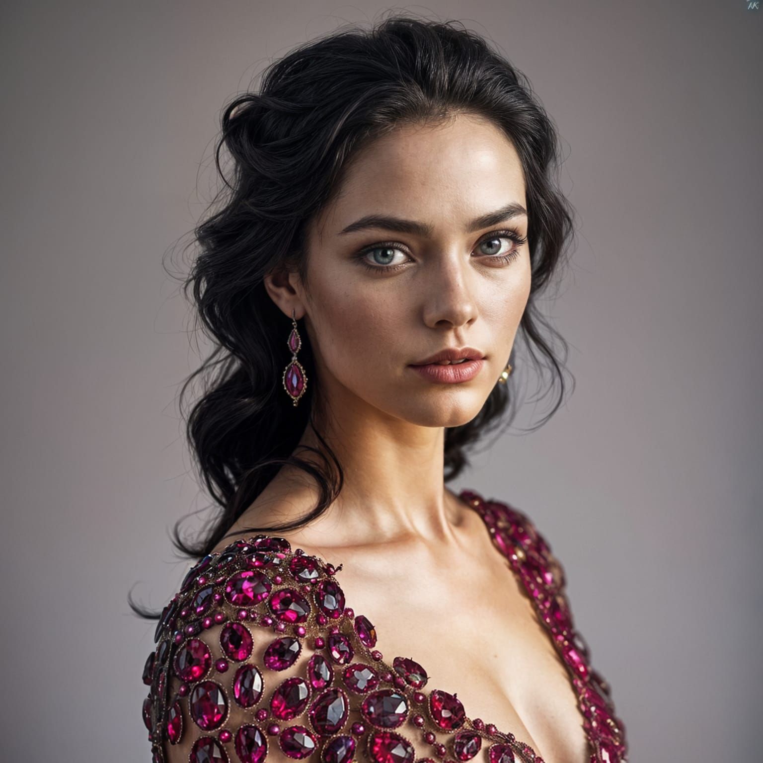 Hyperrealistic Portrait of a Stunning Woman in a Ruby-Intric...
