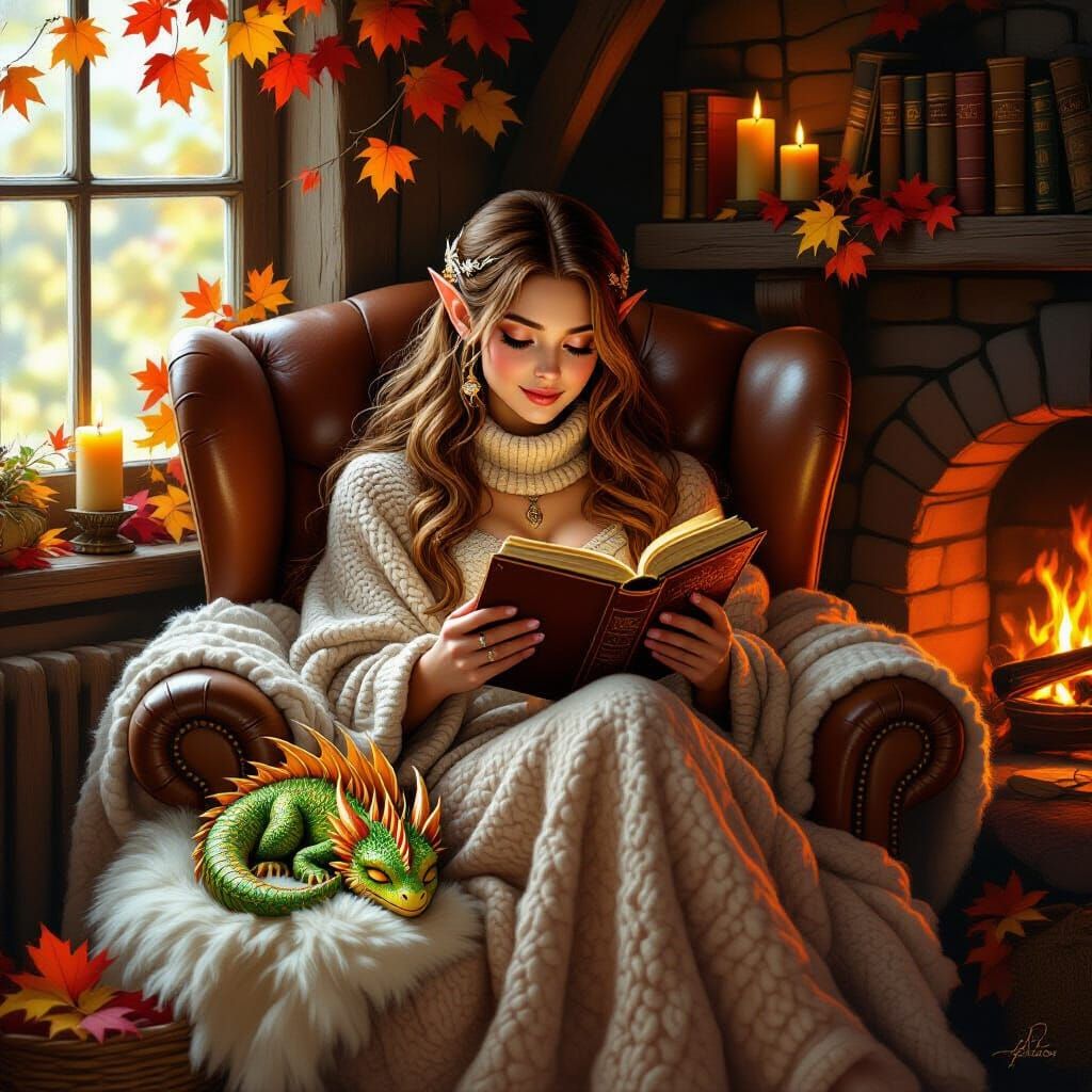 Cozy Elven Home with Dragon and Autumn Charm