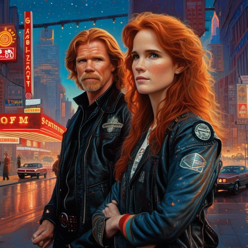 Ethereal City Street Scene with Longhaired Teens in Neon Hea...