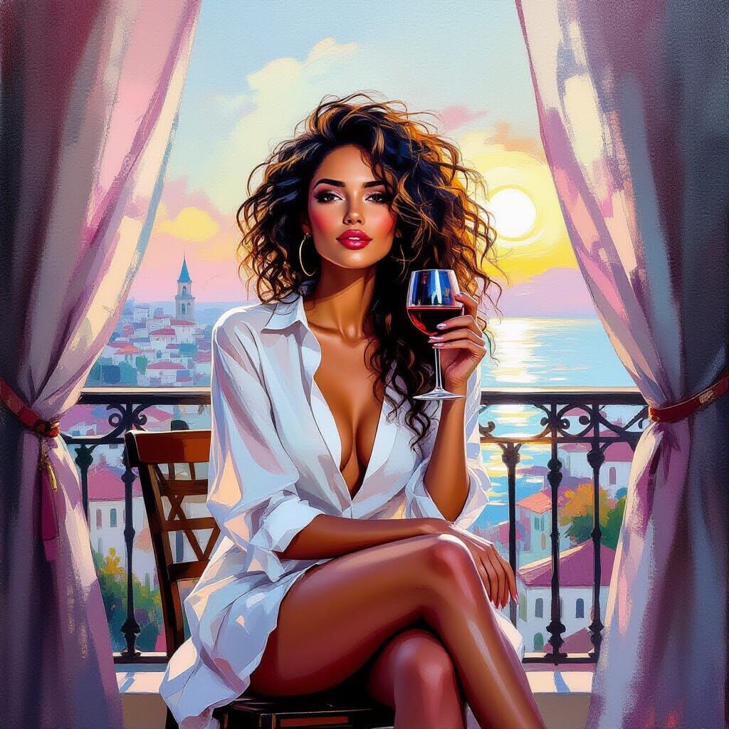 Woman with Wine in Neo-Impressionist Style