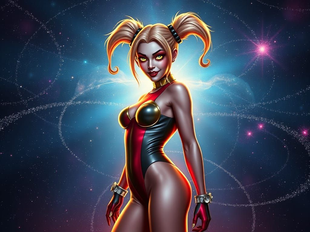 Harley Quinn Radiates Golden Light in Cosmic Expanse