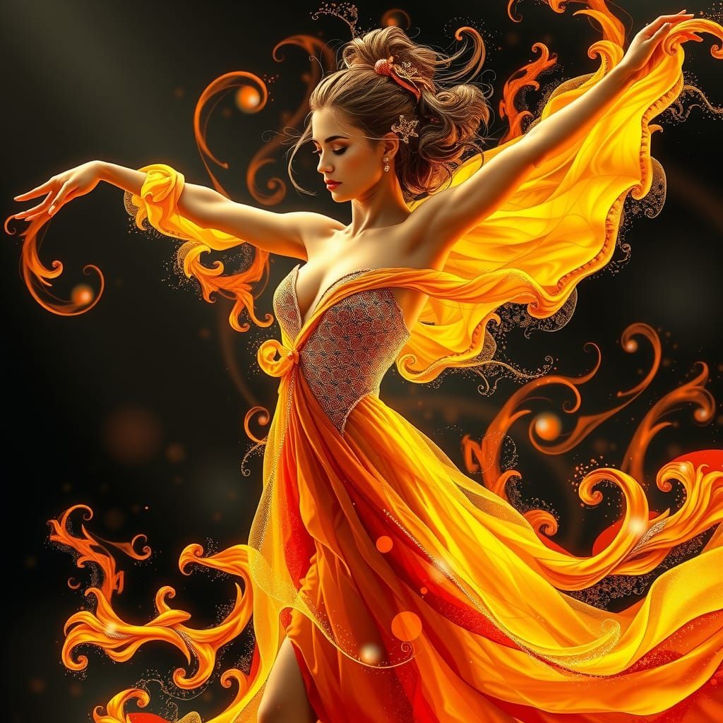 Dancing Girl with Fractal Ink Overlay in Vibrant Colors