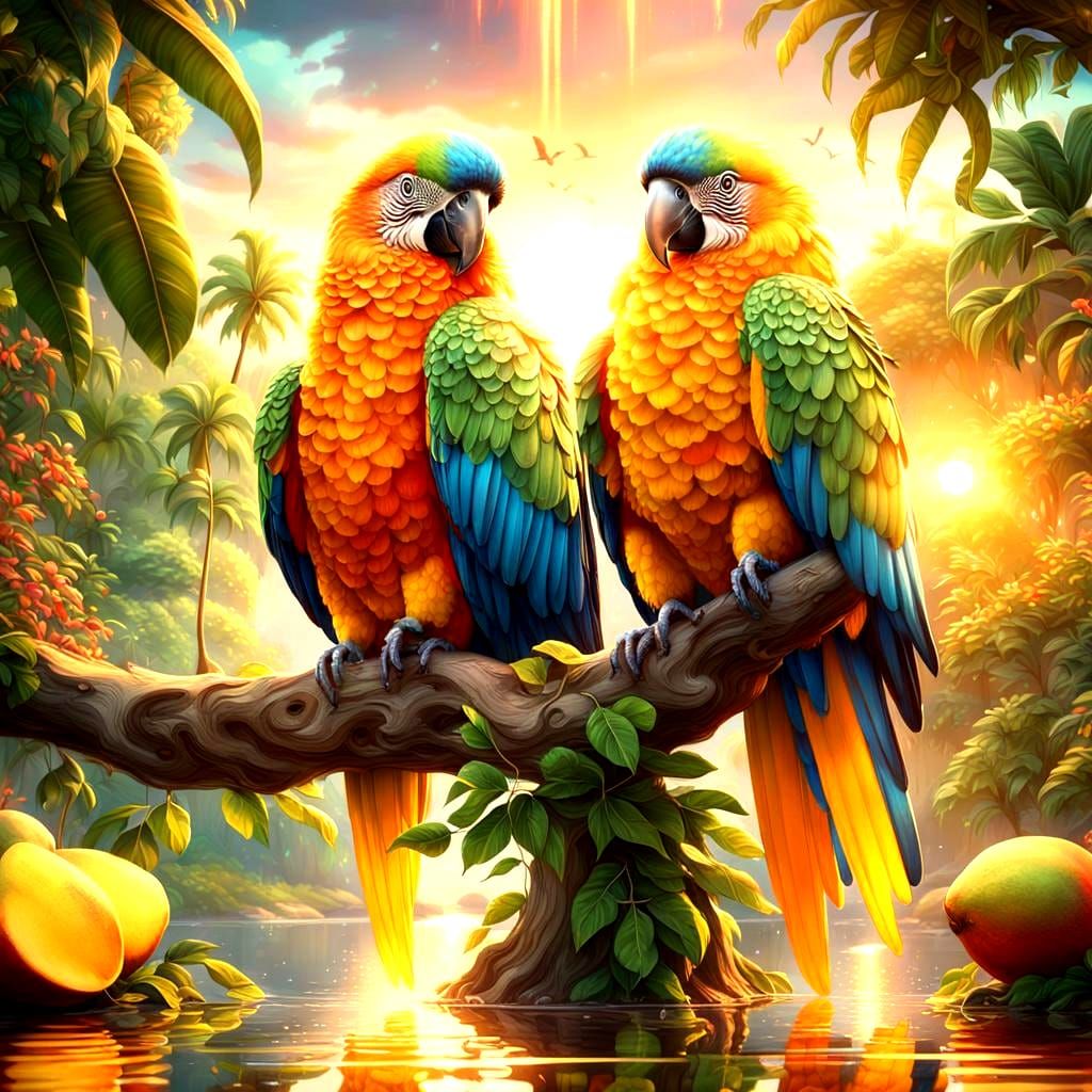 Colorful Parrots in a Lush, Detailed Landscape
