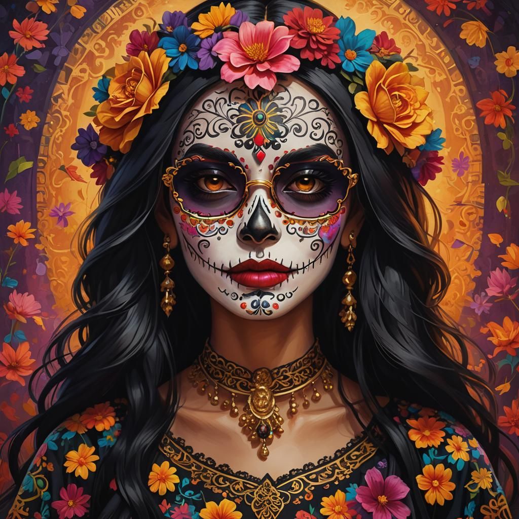 Thai Woman as Catrina in Vibrant Digital Painting