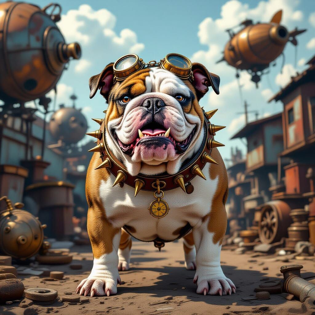 Steampunk Bulldog in Junkyard, Syd Mead Style