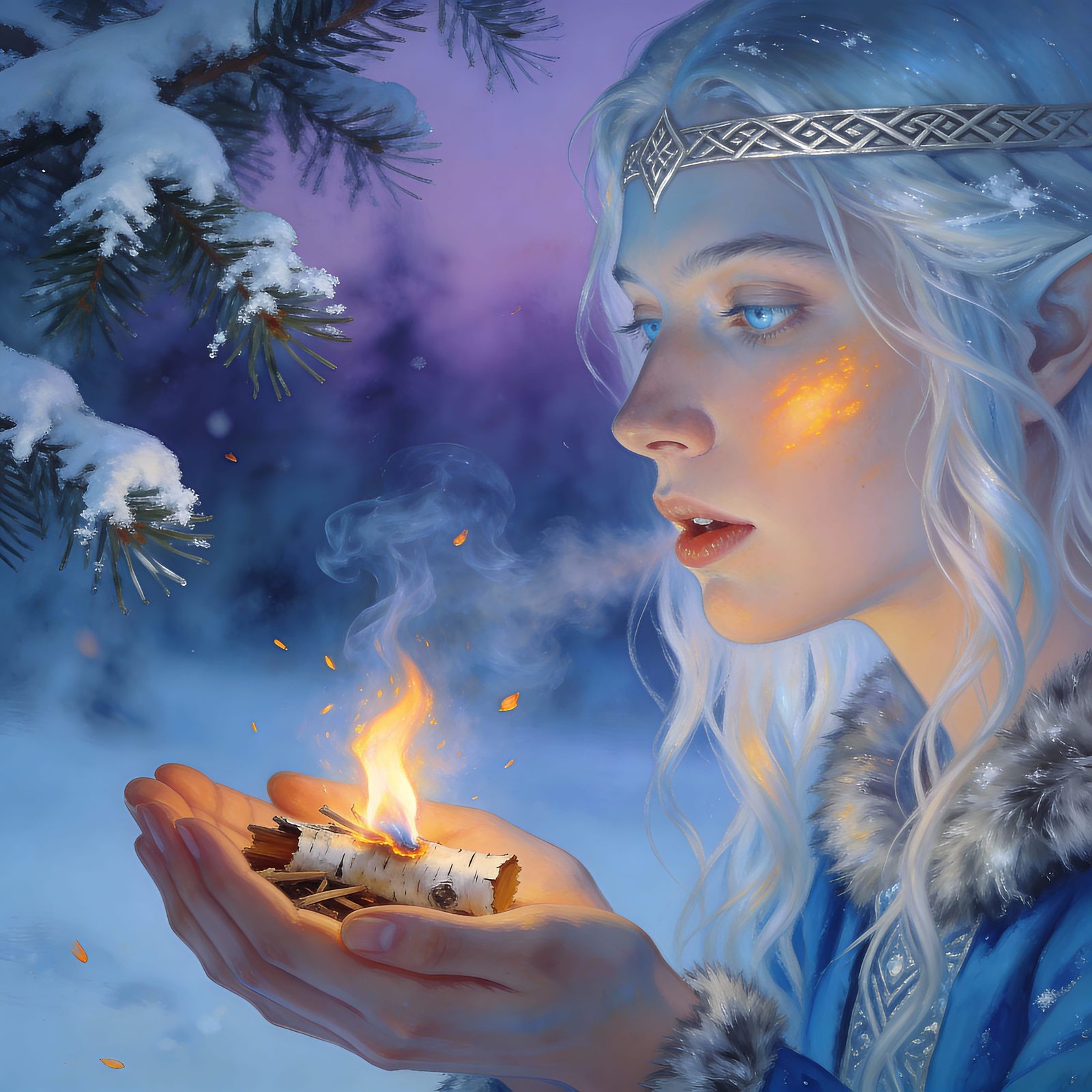 Nordic Ice Elf Woman Kindles Fire in Winter Twilight