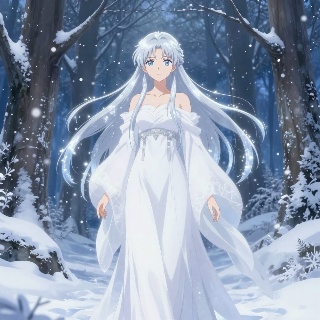 Anime Goddess in Snowy Forest, Cel-Shaded Fantasy Style