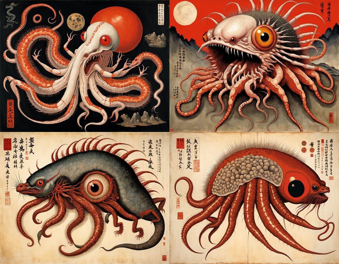 Ukiyo-e Mythical Creatures in Surrealist Style
