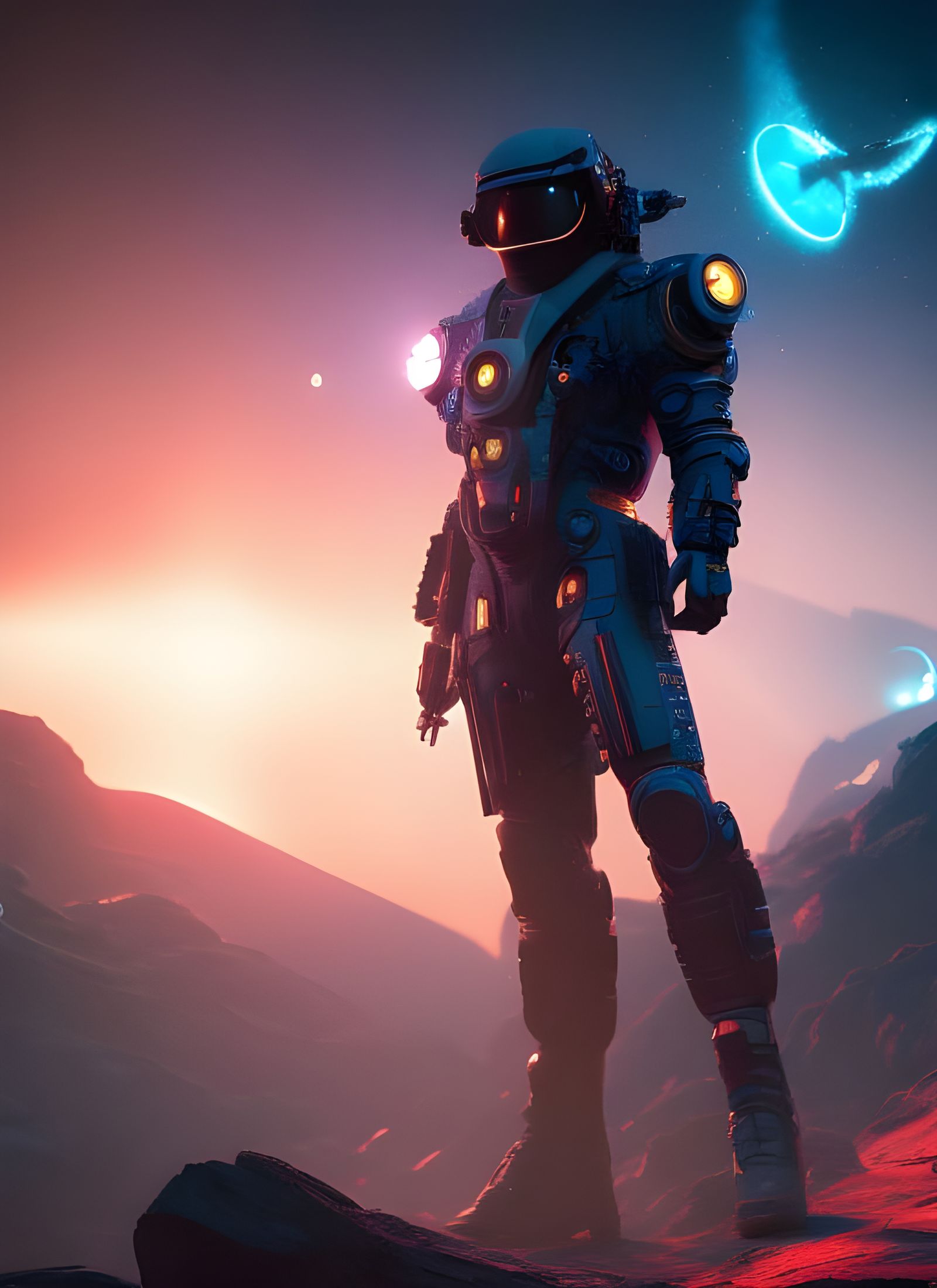 Atompunk Astronaut in Space with Cyberpunk City