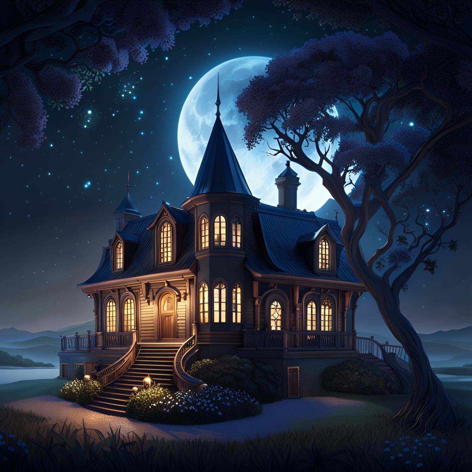 Celestial Witch Home Under Filigree Moon, Digital Art