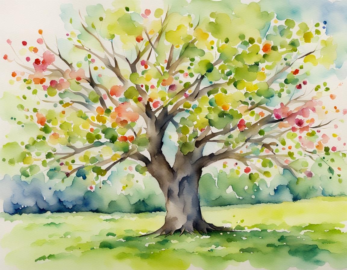 Impressionist Watercolor Tree in Spring Bloom