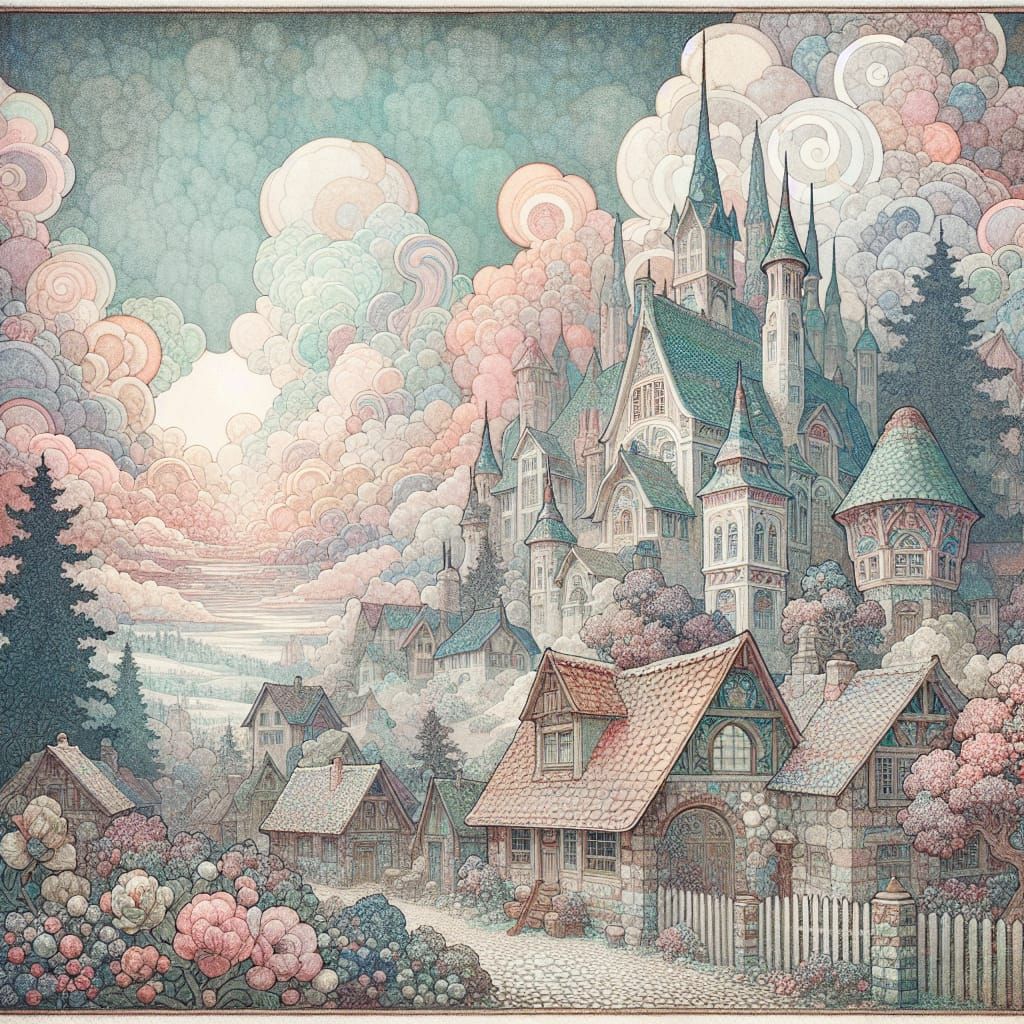 Enchanting Whimsical Village in Soft Pastel Hues