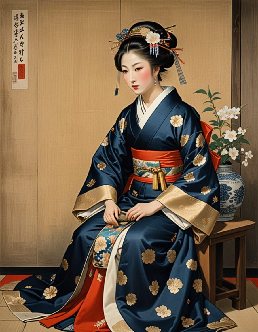 13th Century Japanese Courtesan in Elegant Attire