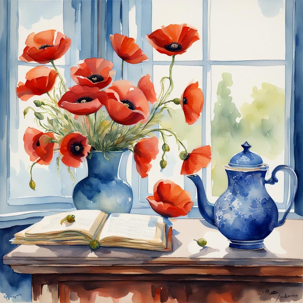 Poppies in Murano Vase Watercolor Painting