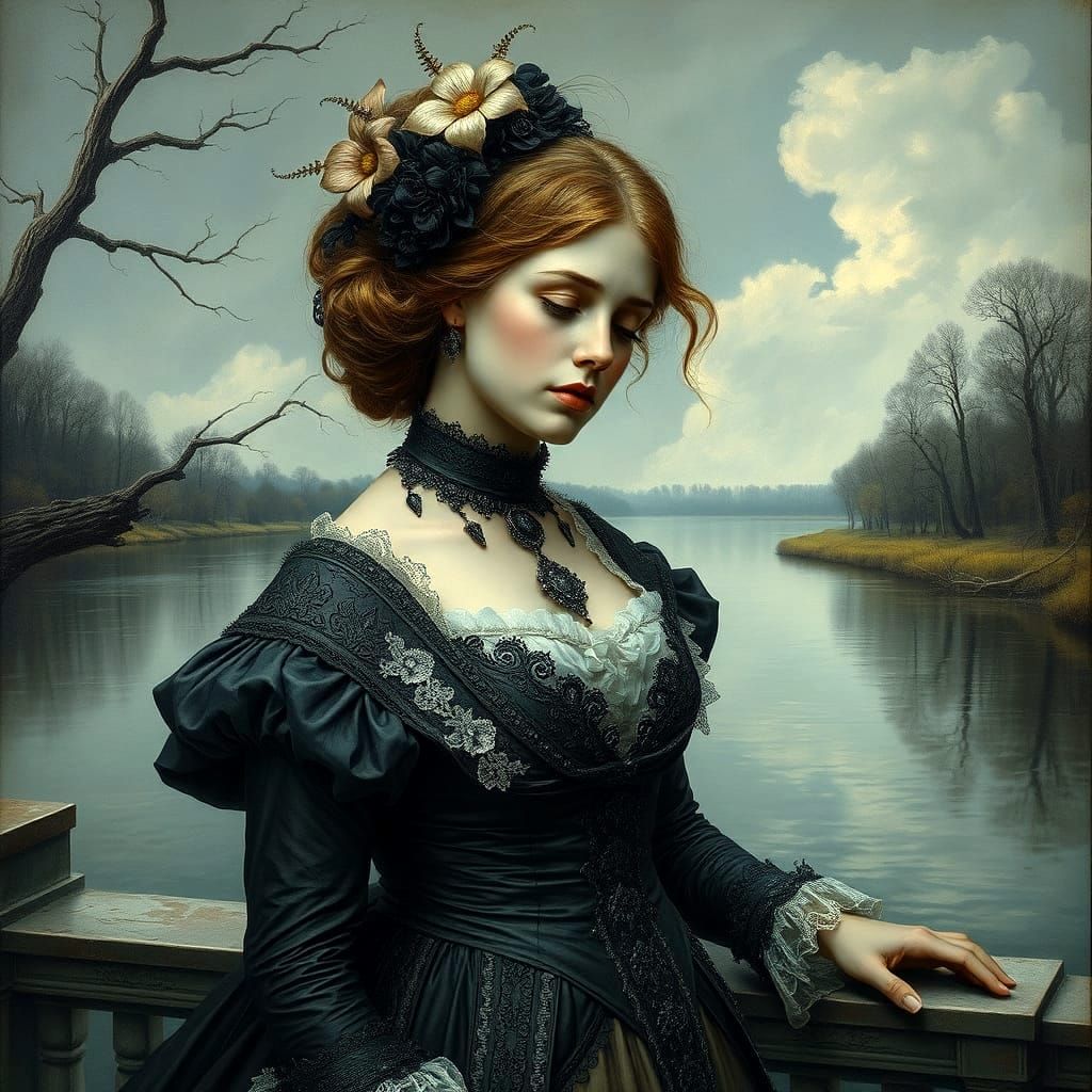 Beautiful Woman Portrait in Charcoal Oil Painting