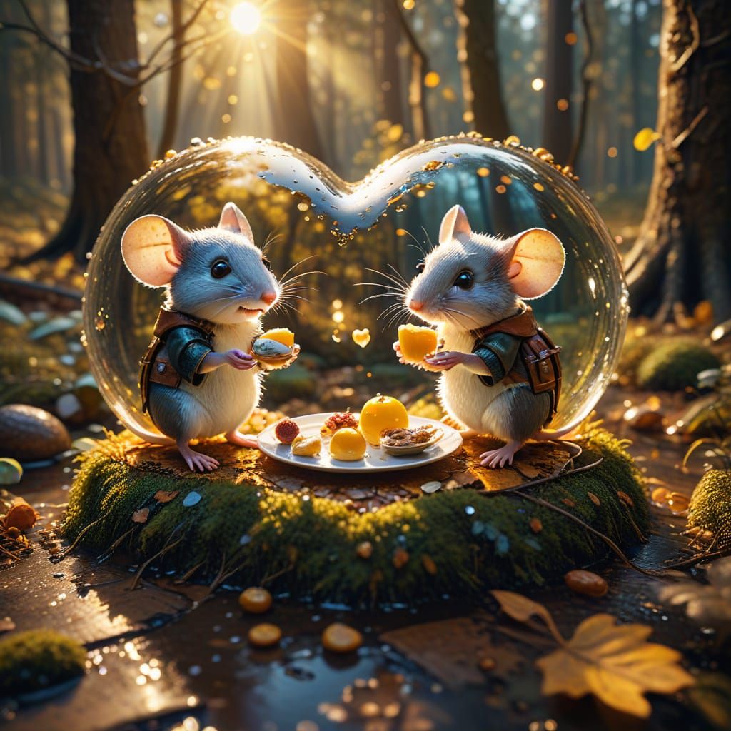 Retro Mice Breakfast in Heart, Oil Painting