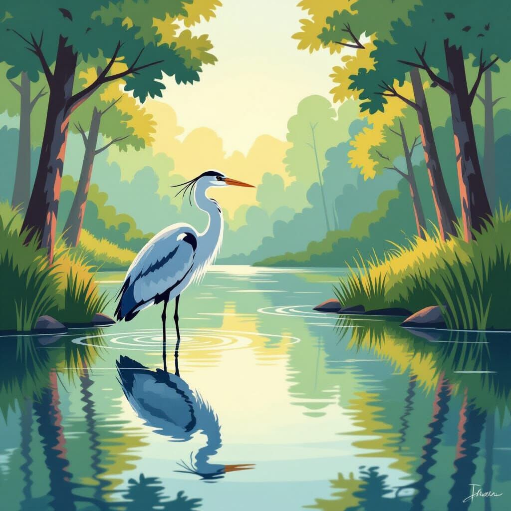 Naïve Art Heron by Still Pond, Folk Art Style