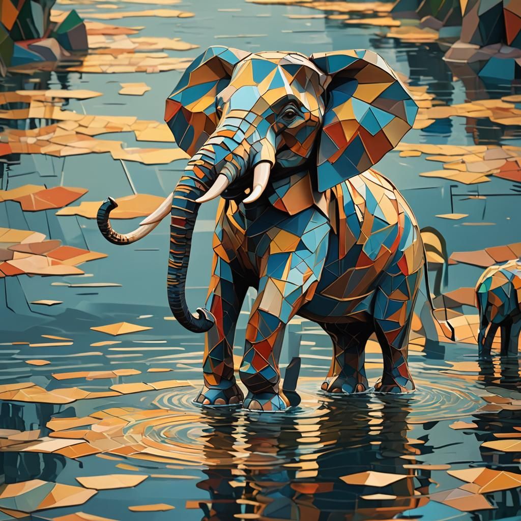Geometric Elephant by the Water in Cubist Style