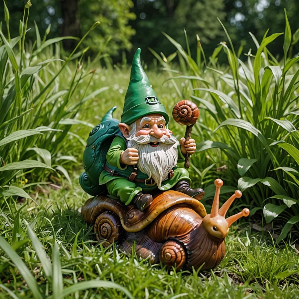 Green Gnome Rides a Snail Through Grass