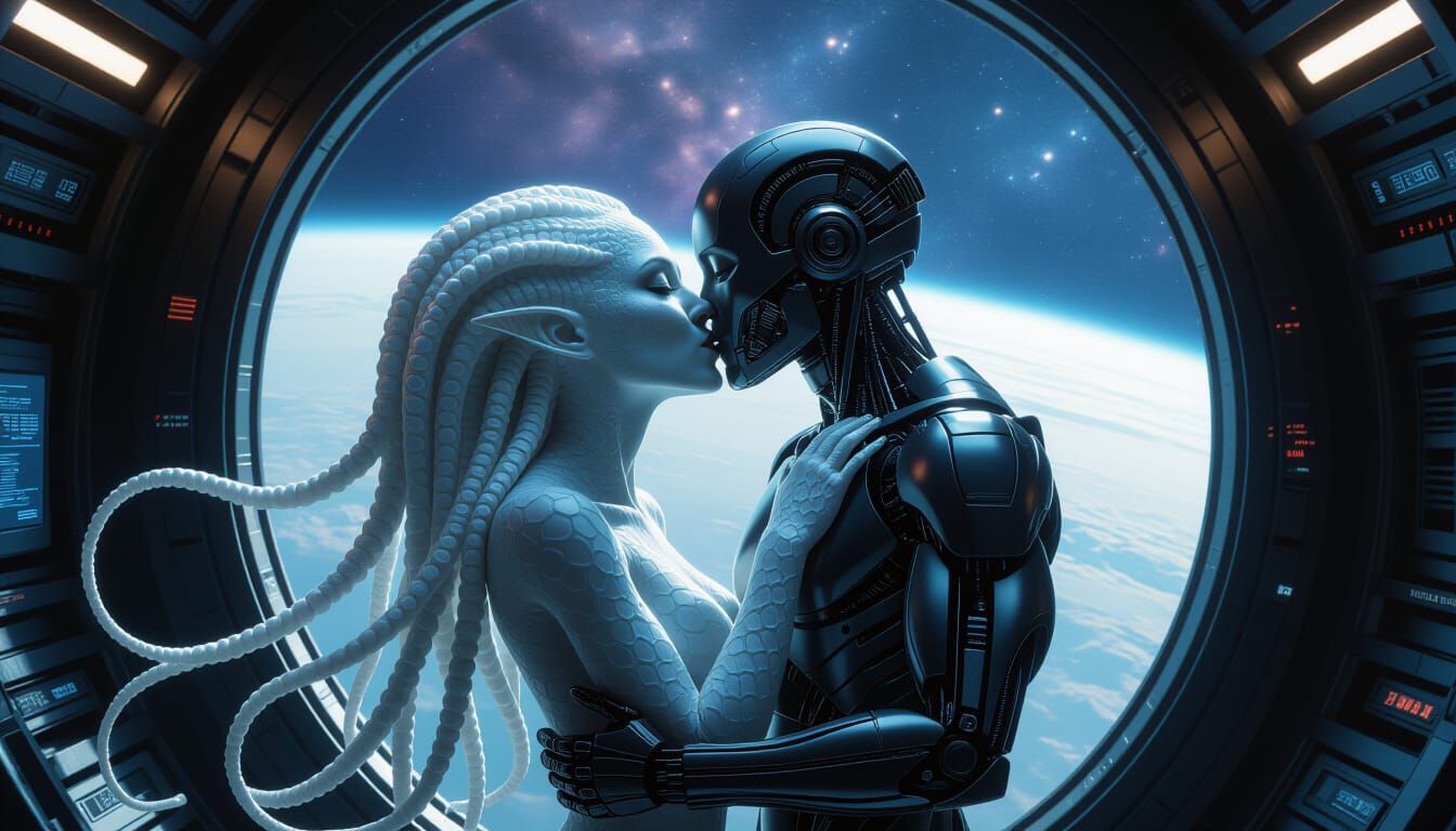Alien Woman Kisses Cyborg in Cosmic Romance