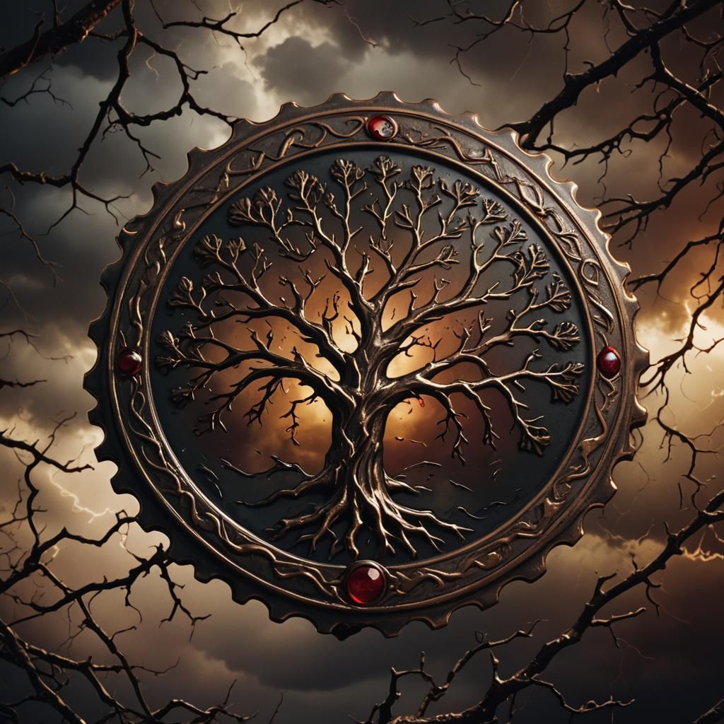 Oak Tree Badge in Storm with Blood, Cinematic Still