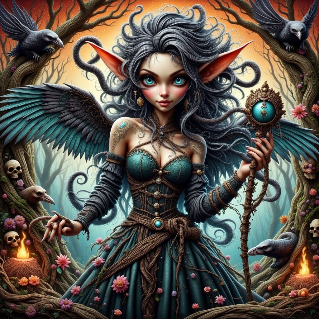 Whimsical Horror Fairy with Snakes and Skulls