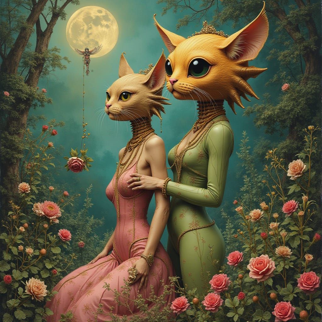 Humanoid Cat People in Alien Garden, Retro-Sci-Fi Style