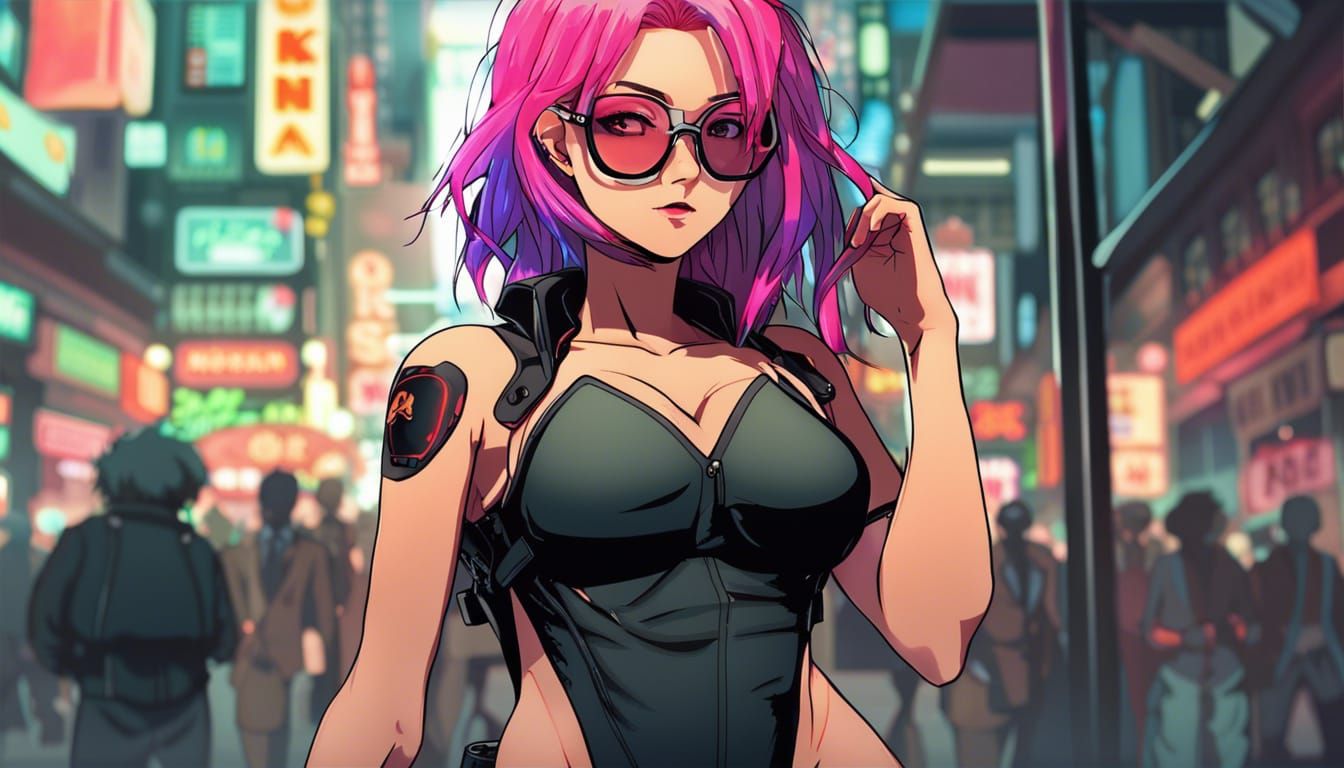 Neon-Haired Domme in a Cyberpunk Cityscape