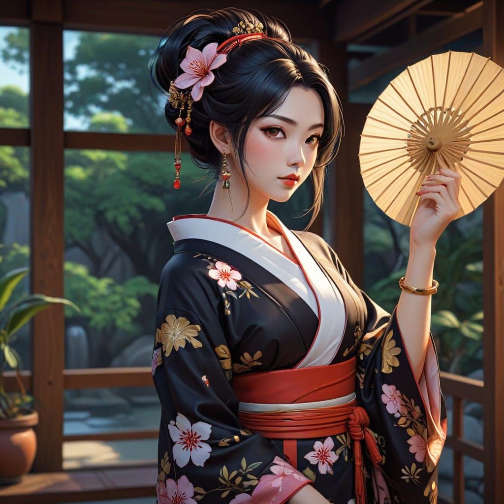 Beautiful Dragon Woman in Kimono, Cel-Shaded Anime Style
