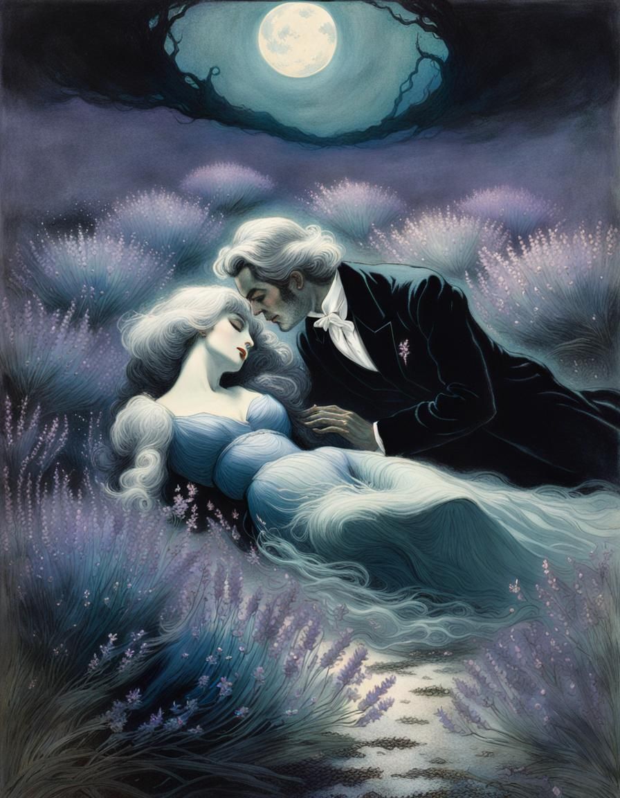 Romantic Couple in Bioluminescent Lavender Field Etching