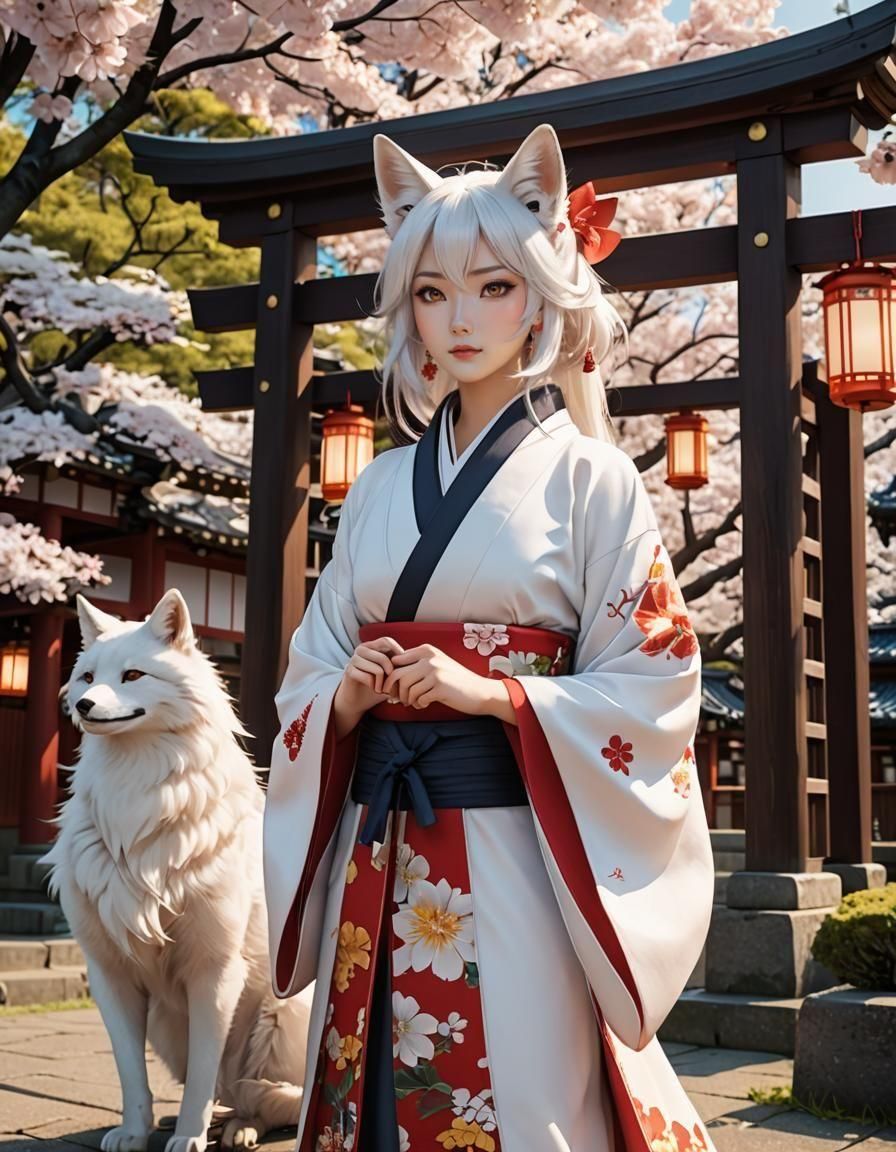Kitsune in Kimono Under Tori Gate: 3D Anime Art