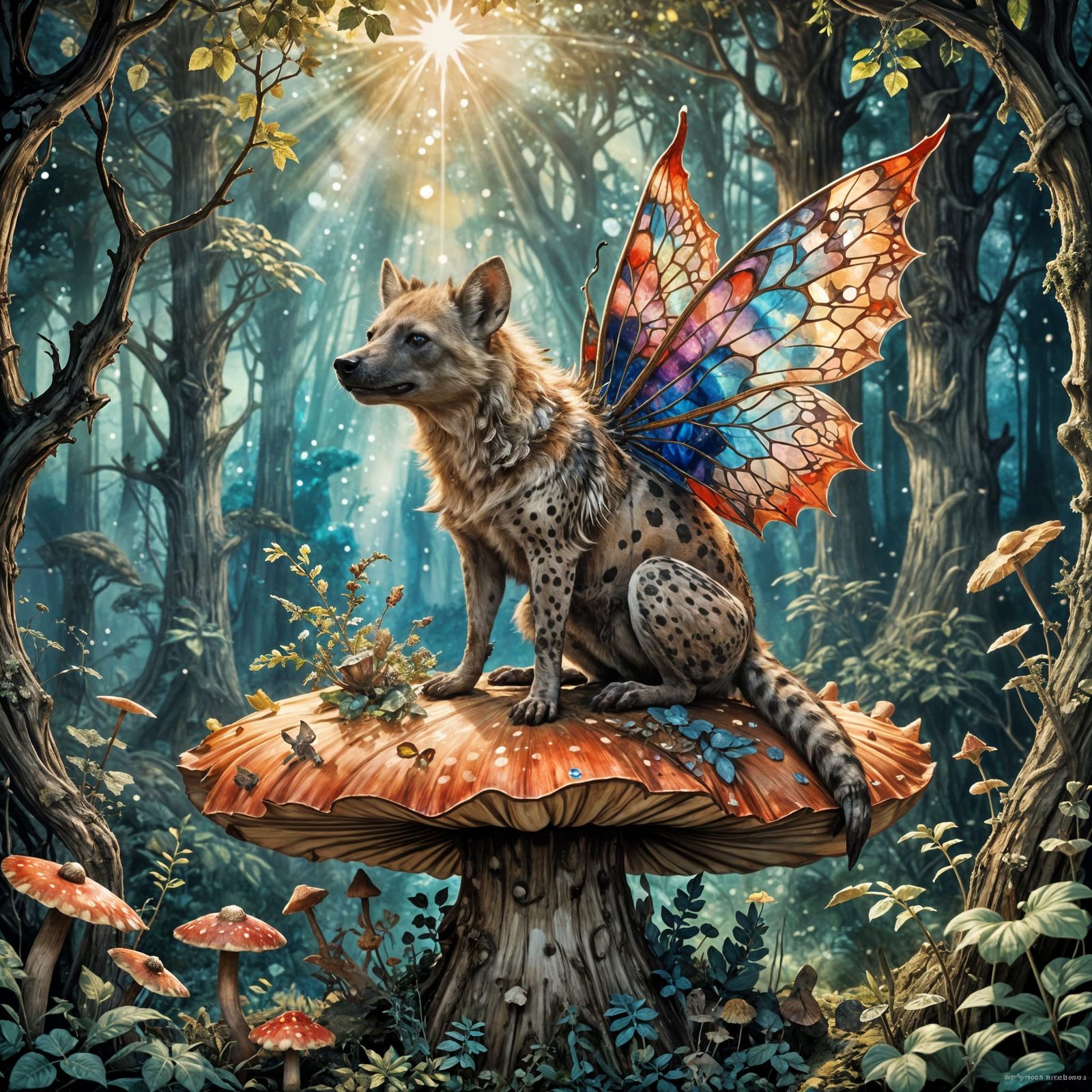 Celestial Hyena Fairy in Enchanted Forest, Watercolor Painti...