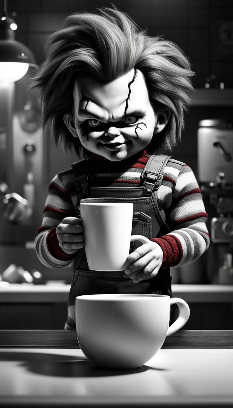 Chucky Sipping Coffee: Detailed Black and White Matte Painti...