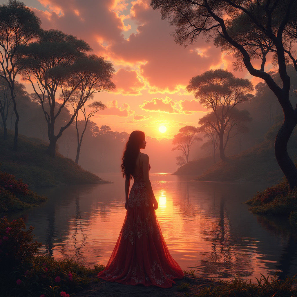 Chaca Contemplates Sunset Over Tranquil Lake: Hyperrealistic...