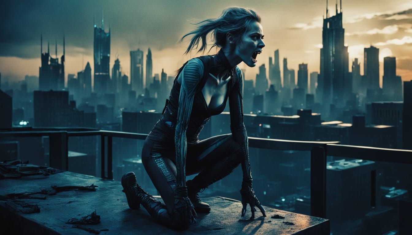 Woman in Pain on Skyscraper Rooftop in Futuristic City