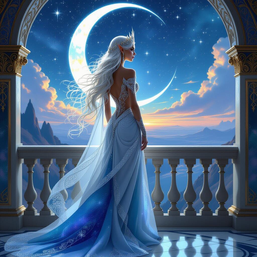 Elven Queen Overlooking Cosmic Landscape in Fantasy Style
